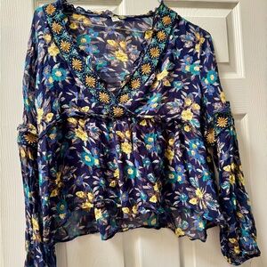 Anthropologie Floral Blouse in Blue and Yellow